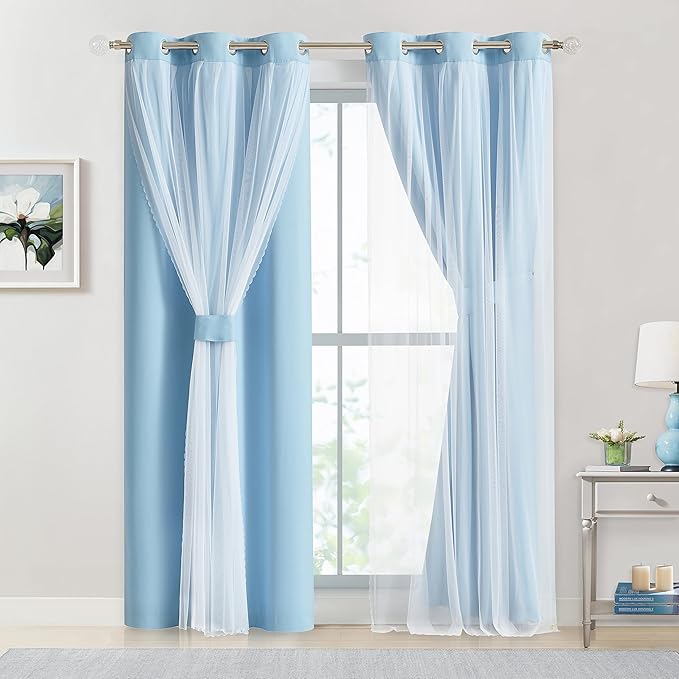 Bujasso Sky Blue 80% Blackout Curtains with Sheer Overlay Mix and Match Double Layer Thermal Insulated Window Panels 63 inch for Living Room Bedroom Blue Drapes with Tiebacks Grommet Top 37" Wx63 Lx2