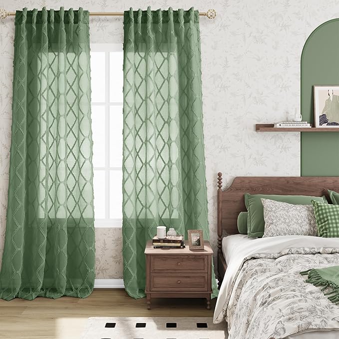 Hokibero Olive Green Sheer Curtains 96 Inches Long for Living Room with Fluffy Tufted Diamond Patterned Window Curtain for Bedroom Home Decor Set of 2 Pieces, Farmhouse Boho Decor 52x96 Inch Length