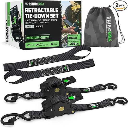 Rhino USA Retractable Ratchet Straps (2-Pack) - 1 Inch x 10 Feet (1,209lb Break Strength) - Auto Self Retracting Tie Down Straps for Truck, Cargo Trailer, Motorcycle, ATV, UTV - Black