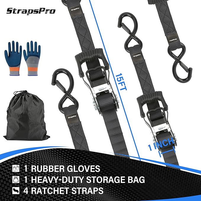 Ratchet Straps, 1'' x 15 FT - 2317 lb Break Strength Tie Down Straps Heavy Duty, 4 Pack Black Cargo Straps Ratcheting with Safety S Hook for Moving Appliances, Motorcycle, Trucks, Kayaks