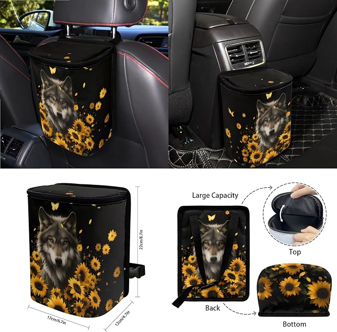 Wolf Sunflower Butterfly Print 15 Pack Car Seat Cover Set with Steering Wheel Covers Seatbelt Strap Pad Garbage Cans Rear View Mirror Cover Coasters Key Chain Universal Fit