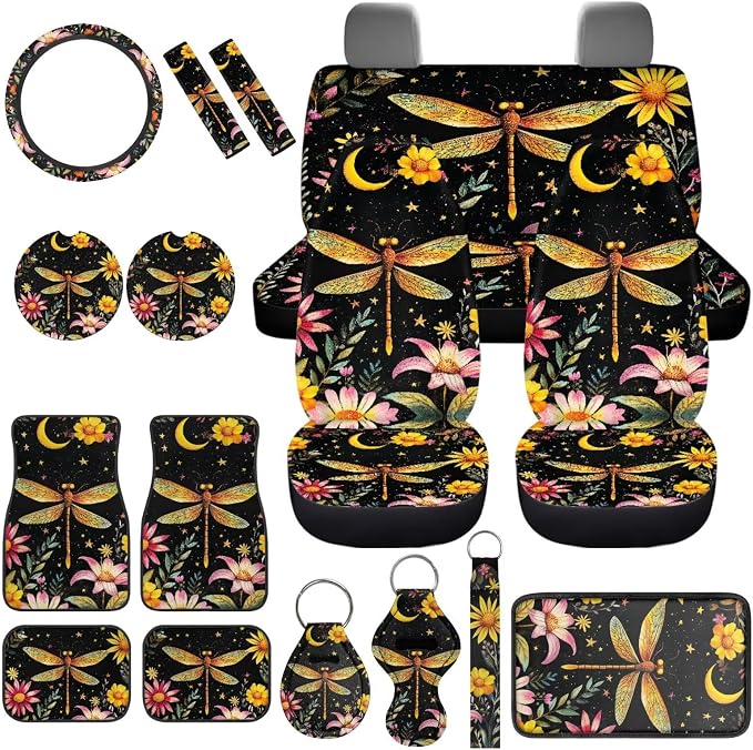 17 Pack Dragonfly Car Accessories Full Set,Star Moon Dragonfly Car Seat Covers Set with Car Mats Full Set Seat Belt Cover Pad Steering Wheel Cover Cup Coaster Sets Universal Auto Interior