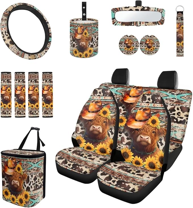 Highland Cow Car Seat Covers Set of 15 with Universal Steering Wheel Cover, Sunflower Rearview Mirror Cover, Aztec Car Trash Can, Seatbelt Pads, Cup Holder Coasters, Keychains
