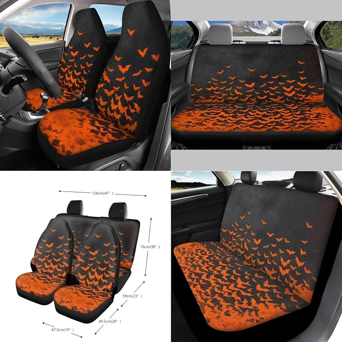 Car Seat Cover Sets Car Steering Wheel Cover Seat Belt Cover Trash Bin Air Vent Storage Box Front Rear View Mirror Car Cup Holder Keychain 15Pcs Car Accessories, Spooky Bats