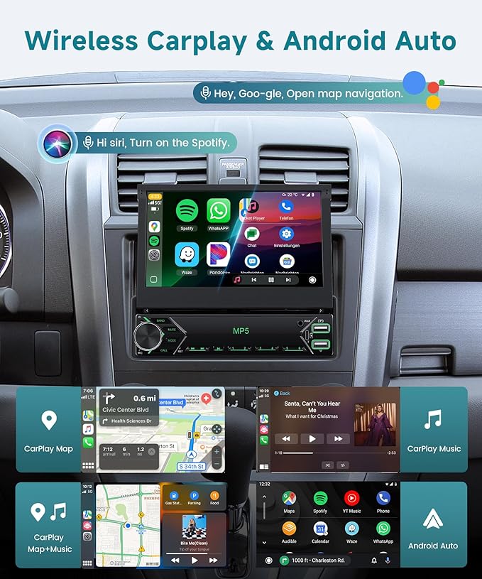 Single Din Flip Out Radio with Wireless/Wired Carplay Android Auto,Sellrich 7" IPS Touchscreen Stereo Single Din Flip Out Radio with YouTube BT Mirror Link FM USB/AUX/Type-C Ports SWC Backup Camera