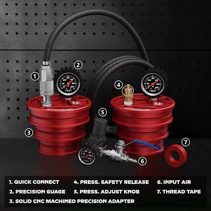Charge Air Cooler CAC Boost Leak Tester Kit 4", 3.5", 3" - 6061 Billet Aluminum with Anti-Slip Grooves, Bead Seal, Extension Hose & 150 PSI Regulator - for Semi Trucks, Tractors & Heavy Duty Machinery