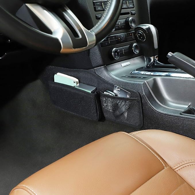 CheroCar for Mustang Gear Storage Bag Console Side Pockets Auto Transmission Side Organizer for Ford Mustang 2010-2014, Interior Accessories, Black, 2Pack