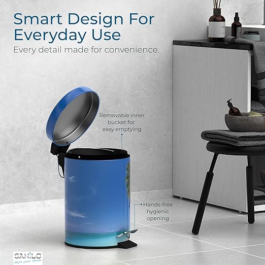 Sanilo Small Bathroom Trash Can with Lid [1.3 Gallon] - Lidded Tiny Trashcan for Garbage - Mini Metal Bin with Soft Closing Mechanism - Bath Room Accessoire Wastebin with Inner Bucket (Caribbean)