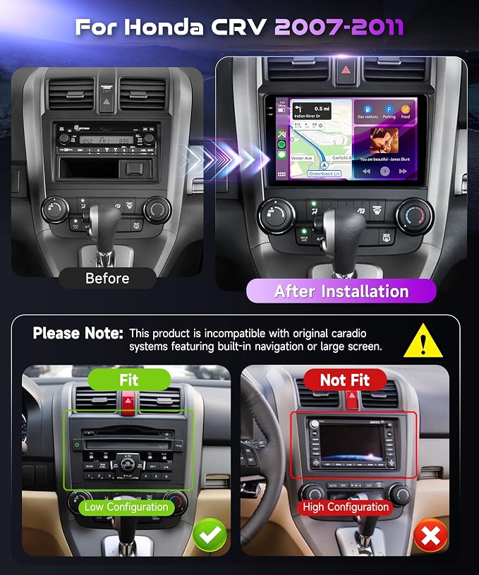 4+128G for Honda CRV 2007-2011 Android Car Stereo Radio with Wireless Carplay/Android Auto, 9 Inch 1280 * 720P in-Cell Screen Bluetooth WiFi GPS Navigation USB FM/RDS SWC EQ Backup Camera