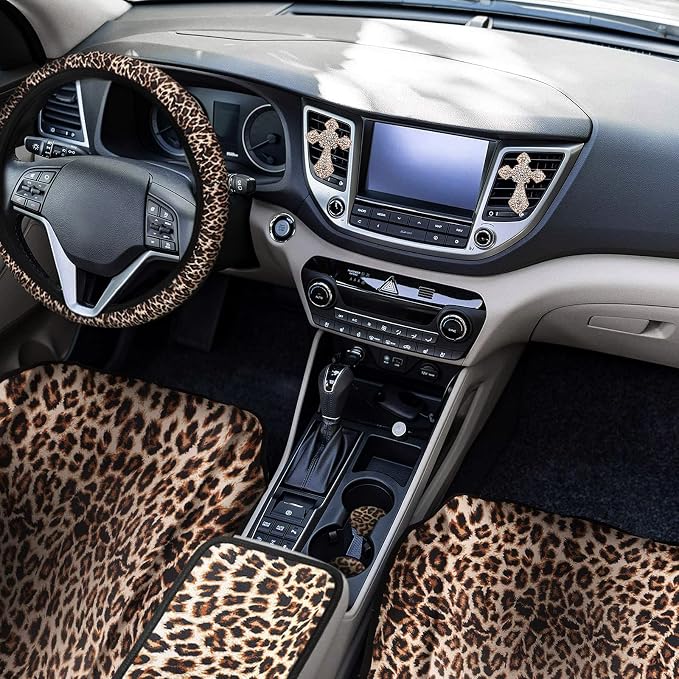 23 PCS Leapord Print Car Assecories, Include Seat Cover Leopard Steering Wheel Cover, Central Control Armrest Pad, Car Coasters and Keychain Holder, Headrest Covers, Ventilation Hole Decor