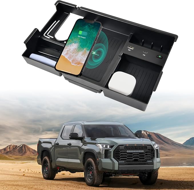 Wireless Charger for Toyota Tundra 2014-2021, Center Console Organizer Tray Armrest Storage Fast Wireless Phone Charging Panel Pad for 2014-2021 Toyota Tundra Accessories