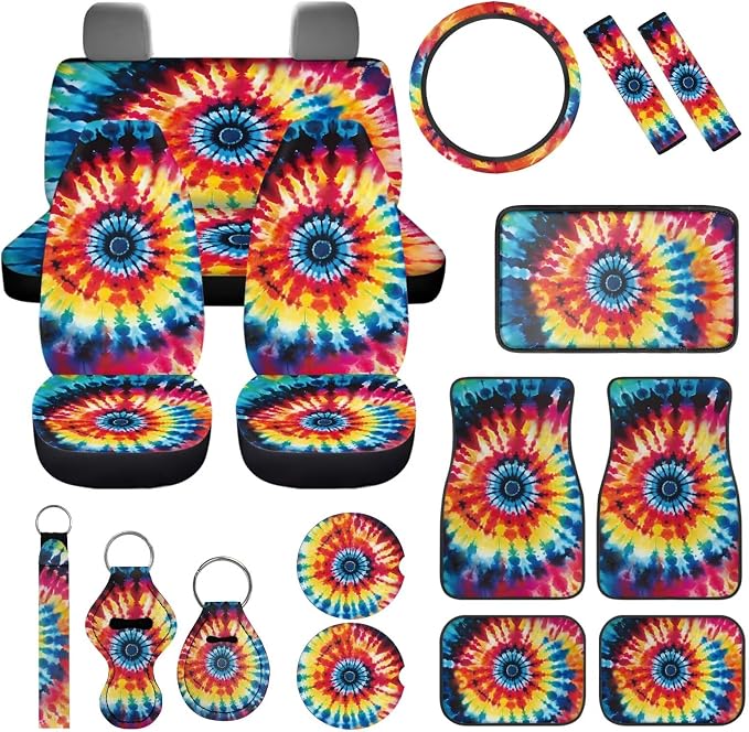 17Pcs Tie Dye Car Seat Covers Full Set with Front and Split Rear Bench,Steering Wheel Cover,Heavy Duty Floor Mats Colorful Tie Dye Car Accessories for Women Universal Fitf or Most Car SUV