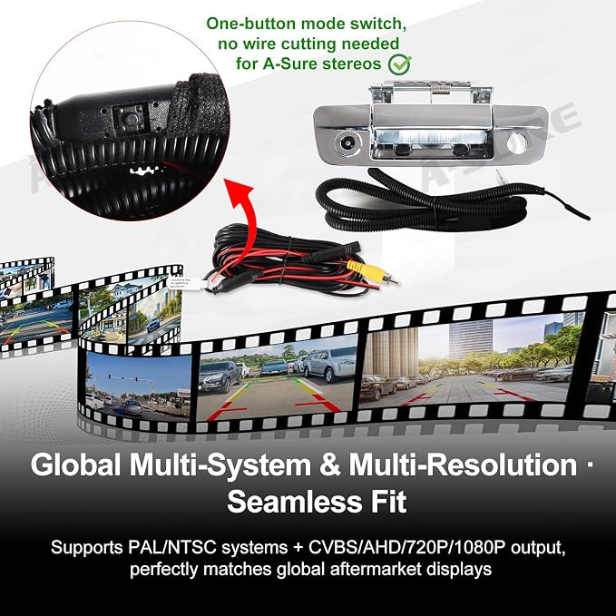 ASURE Tailgate Handle Backup Camera for Dodge Ram 1500 2500 3500 – Silver 1080P Rear View Camera, 170° Wide Angle Night Vision, AHD/CVBS PAL NTSC, Fits Ram 1500 2009–2018, Ram 2500/3500 2010–2018