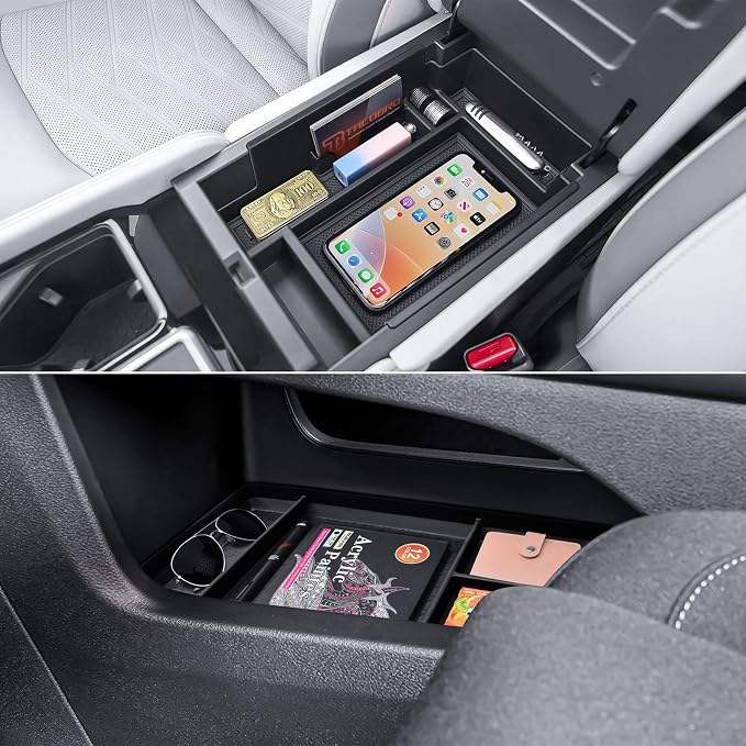 TACORBO Center Console Hidden Storage Box and Center & Lower Console Organizer Combo for Nissan Pathfinder 2022-2026 – Upper Armrest ABS & Lower TPE Storage Inserts