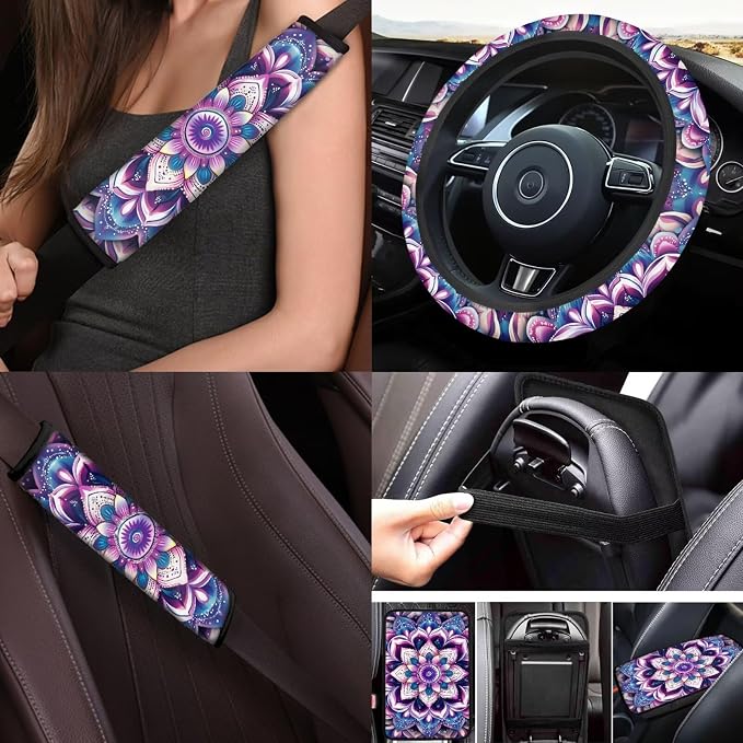 Purple Hippie Lotus Car Seat Covers Full Sets of 17Pcs Boho Lotus Car Accessories Set with Auto Front Rear Foot Carpet Car Seat Belt Cover Steering Wheel Cover,Universal Fit for Most Car SUV