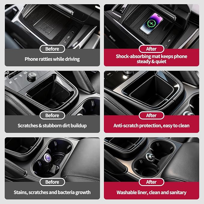 4PCS Center Console Storage Mat, Wireless Charging Silicone Mat, Full‑Wrap Cup Holder Inserts & Dashboard Center Clock Surrounding Compass Cover for 2024 2025 2026 Porsche Cayenne Accessories