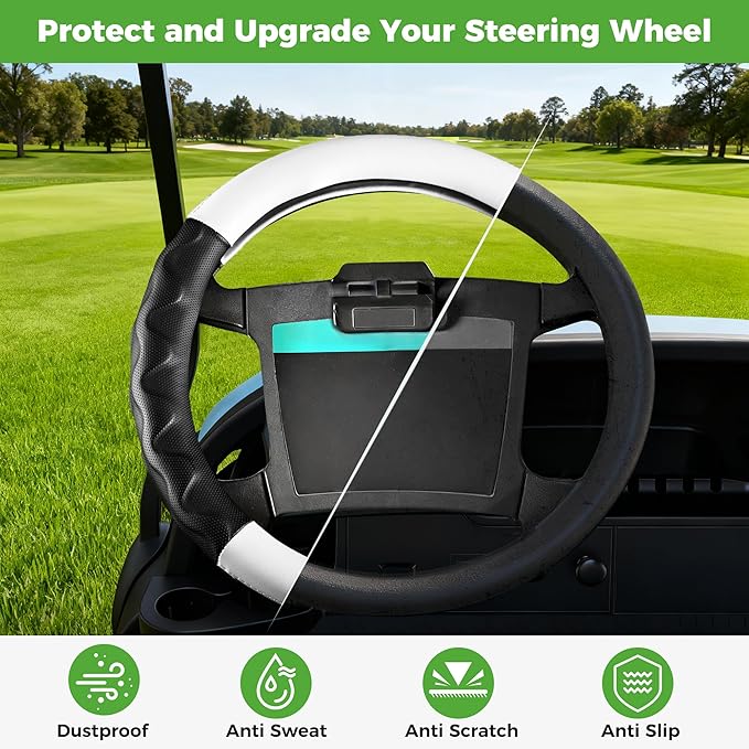 10L0L Golf Cart 14" Steering Wheel Cover for Club Car DS Precedent and Yamaha Models, Breathable Rubber Leather Materials,Good Texture Nice Look（Black+White）