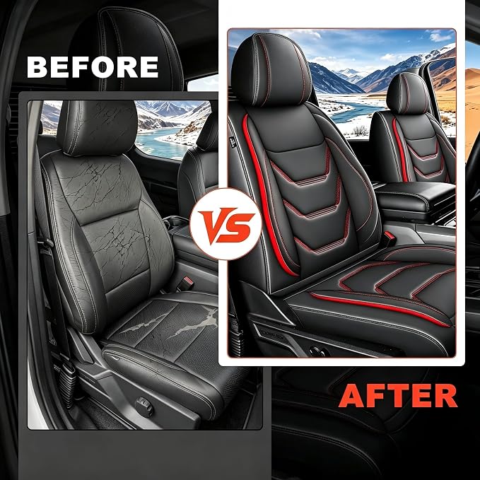 for Ford F150 SuperCrew Seat Covers 2009-2026 Full Set All Trims | Custom Leather F250/F350/F450 Seat Covers 2017-2026 XL XLT Lariat Platinum King Rach Limited Airbag Safe Full Waped,Black&Red