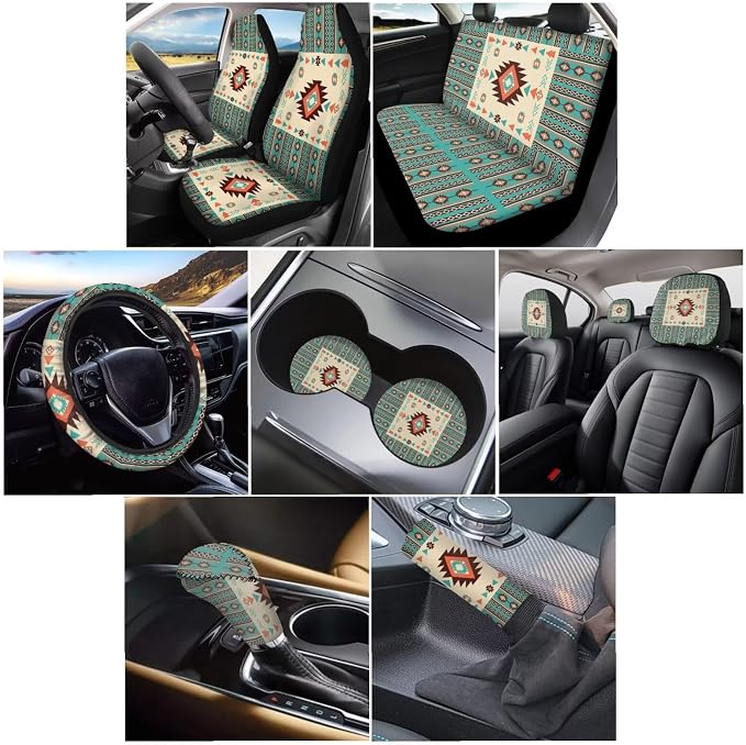 Wanyint Car Seat Cover Full Set 11 PCS, with Steering Wheel Headrest Handbrake Gear Shift Knob Cover Cup Coasters Auto Seat Cover Accessories, Southwest Aztec Beige Cyan