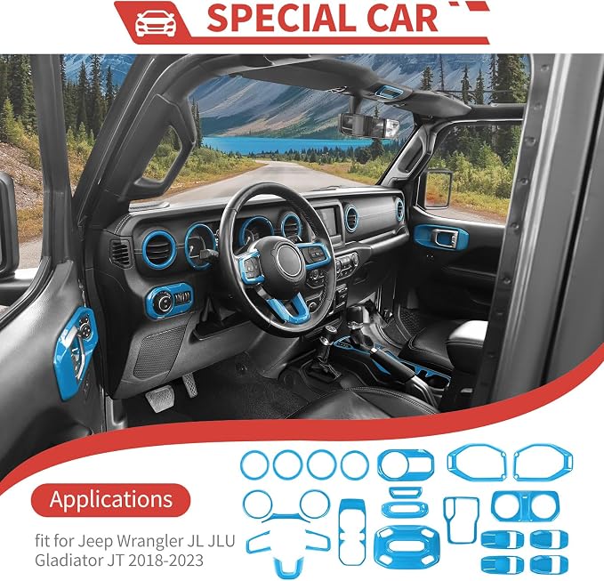 23pcs Full Set Interior Trim Kit for Jeep Wrangler JL JLU Gladiator JT 2018-2023 Steering Wheel Door Handle Air Conditioning Vent Cup Holder Reading Light Headlight Gear Cover, Light Blue