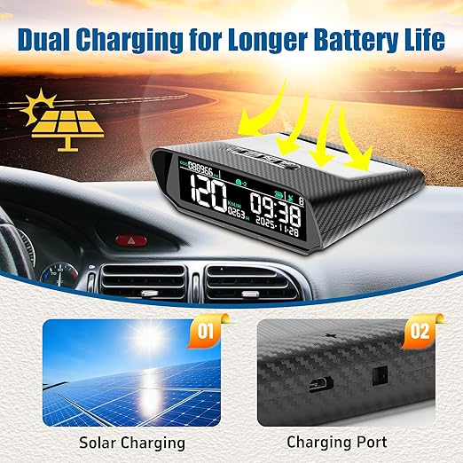 X100 Wireless Heads Up Display for Cars Solar GPS Digital Speedometer with LCD Screen Overspeed Alarm KMH/MPH Time/Altitude/Temperature/Speed Display, Vibration Wake-Up, Auto-Brightness Adjustment
