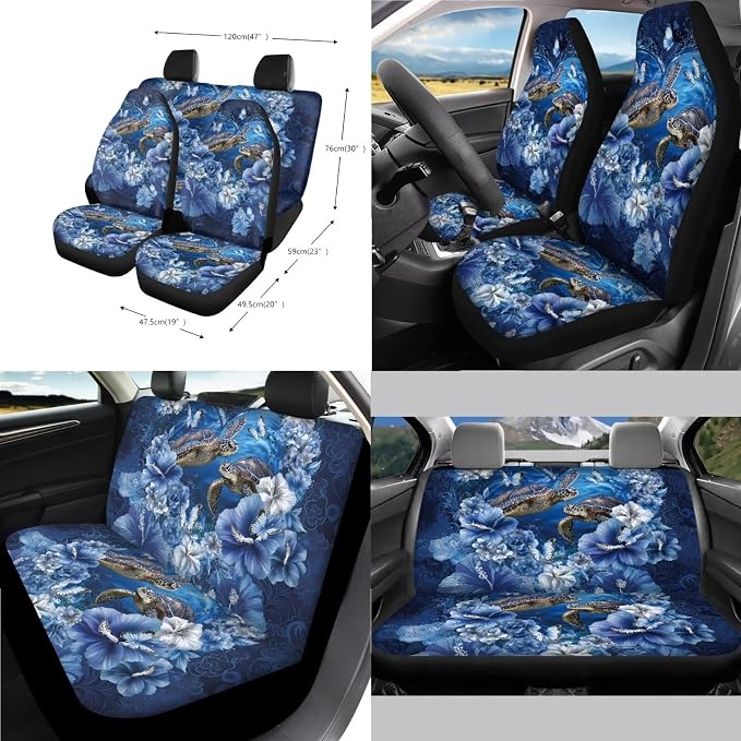 Sea Turtle Print Car Interior Cover Set Hibiscus Butterfly Print Car Front and Rear Seat Covers Steering Wheel Cover Armrest Pad Safety Belt Pads Rear View Mirror Protector, 14Pcs