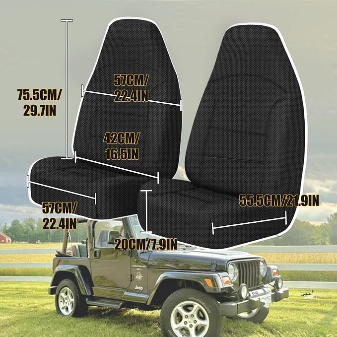 Custom Seat Covers for Jeep Wrangler TJ 1997 1998 1999 2000 2001 2002 Heavy Duty Cloth Protector Interior Accessories，Waterproof & Machine Washable, Foam Padded - Black（Front）