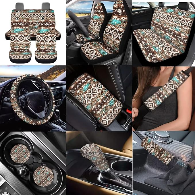 Dreaweet Aztec Brown Cow Seat Covers for Cars Full Set 12 Pcs Universal Car Accessories with Steering Wheel Cover/Armrest Cover/Seat Belt Pads/Coasters/Gear Shift Cover/Handbrake Cover,Universal Fit