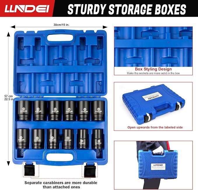 LLNDEI 3/4 inch Drive Impact Socket Set, 12 Piece Heavy Duty CR-MO Deep/Jumbo Sockets 6 Point Design, SAE 3/4" to 1-9/16", for Large Vehicle and Apparatus Maintenance
