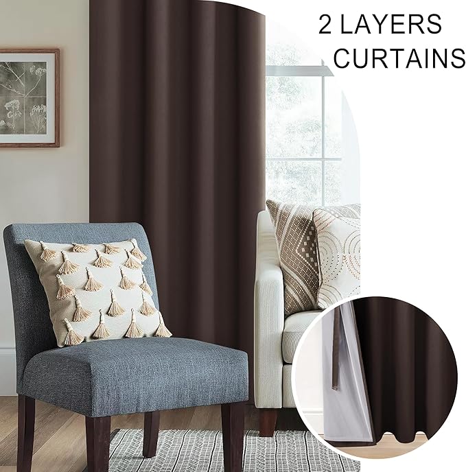 XWZO 100% Blackout Curtains with Tiebacks- Heat and Full Light Blocking Window Panels with Grommets for Bedroom/Nursery, 84 Inches Long Thermal Insulated Draperies, Brown, W42 x L84, Set of 2