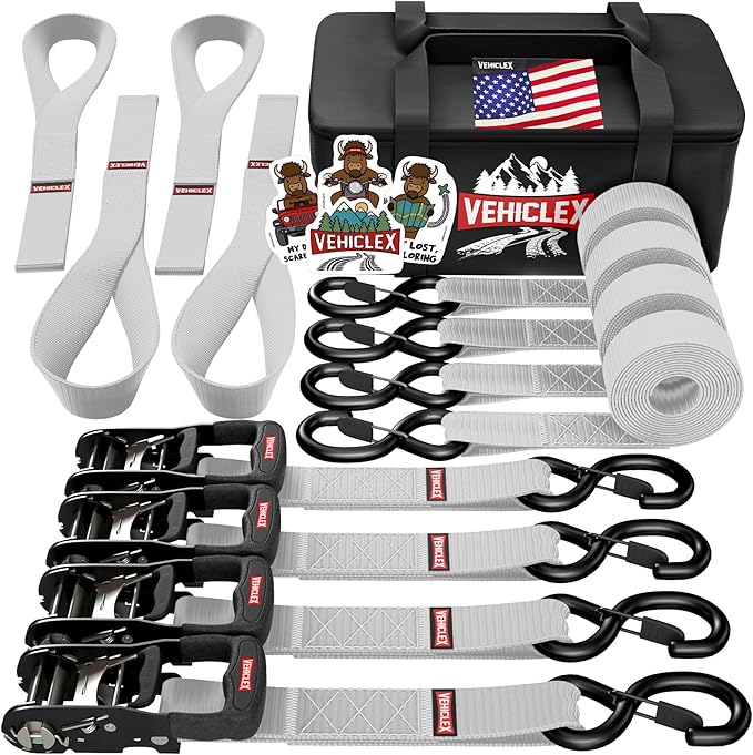 Vehiclex Motorcycle Ratchet Tie Down Straps with Soft Loops - 4PK Heavy Duty 1.5" x 8ft Kit, 4,400 lb Breaking Strength for Powersports, Silver