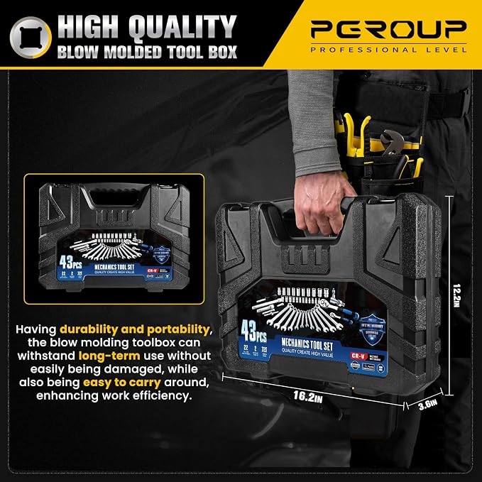 43 PCS Mechanic Tool Socket Set, 1/2” & 1/4” Drive Metric Shallow Socket Set (10-24 & 4-13mm), 12 PCS Combination Wrenches (8-19mm), Ratchet Handle, Extension Bar, Universal Joint, Sliding bar