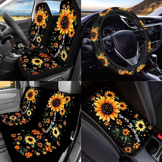 BIGCARJOB Sunflower Car Seat Accessories Full Set 15 Pack Cute Dog Paw Seat Cover for Cars Front and Rear Handbrake Cover,Headrest Pillow Cover,Seat Belt Pads,Universal Fit