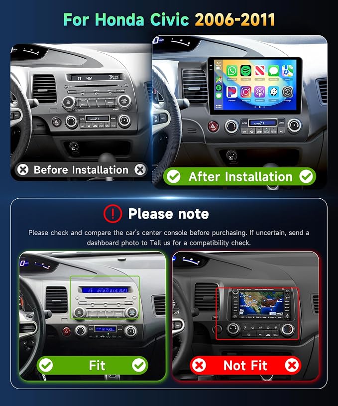4G 128G Car Radio for Honda Civic 2006-2011 Stereo 10.1 inch Incell Touch Screen Wireless CarPlay Android Auto Android Head Unit DAB Bluetooth GPS 5G WiFi SWC Backup Camera