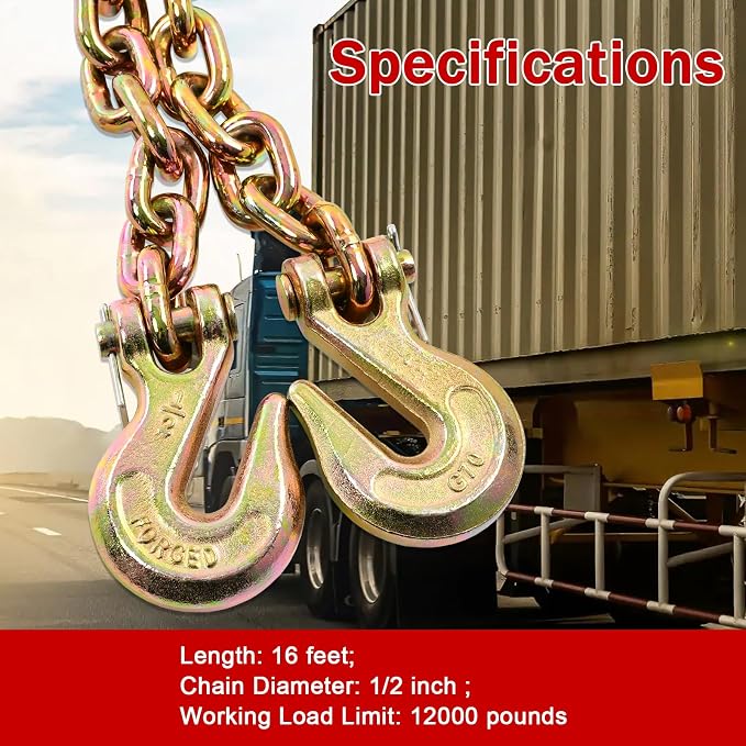 Heavy Duty G80 Transport Binder Chain 1/2'' Inch x 16 Feet,Tow Chain with G70 Clevis Grab Hooks,12000 lbs Safe Working Load Logging for Transporting, Towing(1/2'' x 16FT Yellow).
