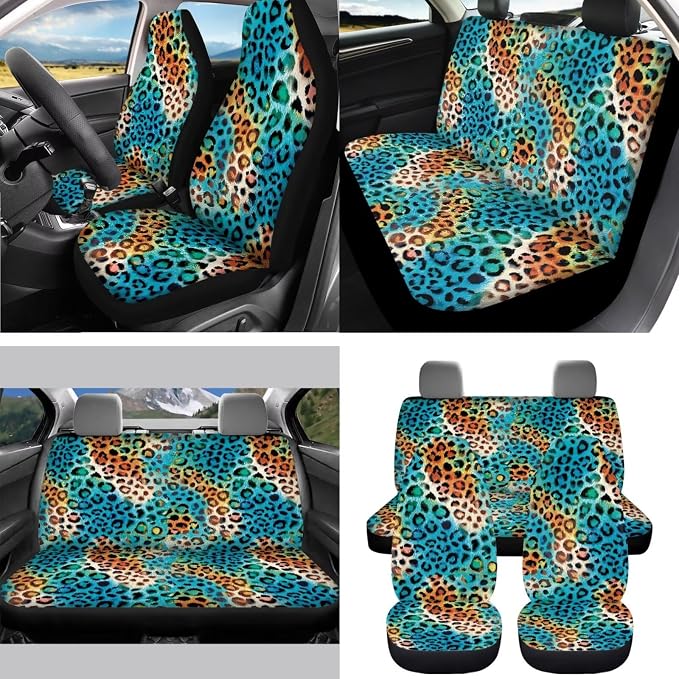Multicolor Leopard Car Seat Covers Full Set 15 Pcs Universal Car Accessories Steering Wheel Cover Seat Belt Pads Garbage Bag Car Headrest Pillow Covers Armrest Pad