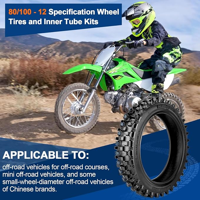 Rear 80/100-12 3.00-12 Dirt Bike Tire and Inner Tube for Tuttio Soleil01 Honda XR70 CRF70 CRF110 KLX110 PW80 TTR90 DRZ110 SSR 125cc 110cc Dirt Bike Off Road Motocross Parts