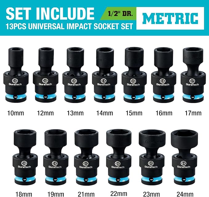 DURATECH 1/2" Drive Impact Swivel Socket Set, 13-Piece Shallow Wobble Sockets, Universal Joint Socket Set Metric, Cr-Mo Steel, 6 Point, Organized in Sturdy Storage Case(10-24mm)