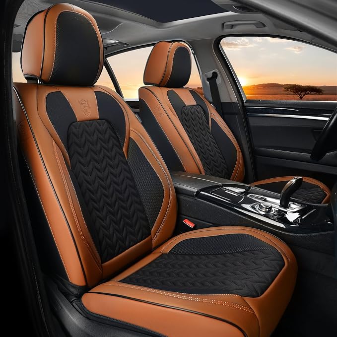 Coverado Seat Covers Full Set, 5 Seats Car Seat Cover, Front and Back Seat Covers for Cars, Breathable Faux Leather Car Seat Cushion, Car Seat Protector Universal Fit for Most Cars Vans, Brown