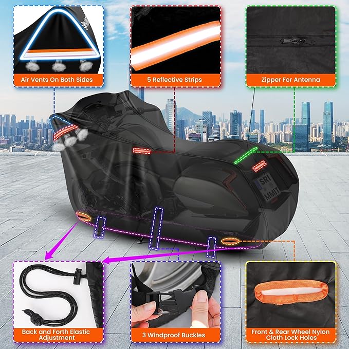 Motorcycle Covers Waterproof Outdoor Storage,420D Powersports Vehicle Covers,5 Reflective Strips,2 Air Vents, Dirt Bike Covers(3XL 109" x 44" x 56" Black & Orange)