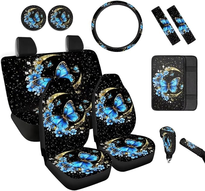 BIGCARJOB Butterfly Car Seat Cover Set - Blue Moon Butterfly Design - Steering Wheel Cover, Seat Belt Pads, Armrest Pad & More - 12 Pcs Car Decorative Accessories