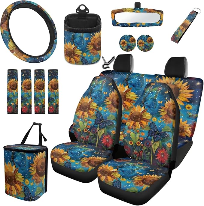 Dreaweet Starry Sky Sunflower Car Seat Covers Full Set for Women Universal Car Accessories - Steering Wheel Cover Seatbelt Covers Car Coasters Trash Bag Vent Storage Bag Rearview Mirror Cover Keychain