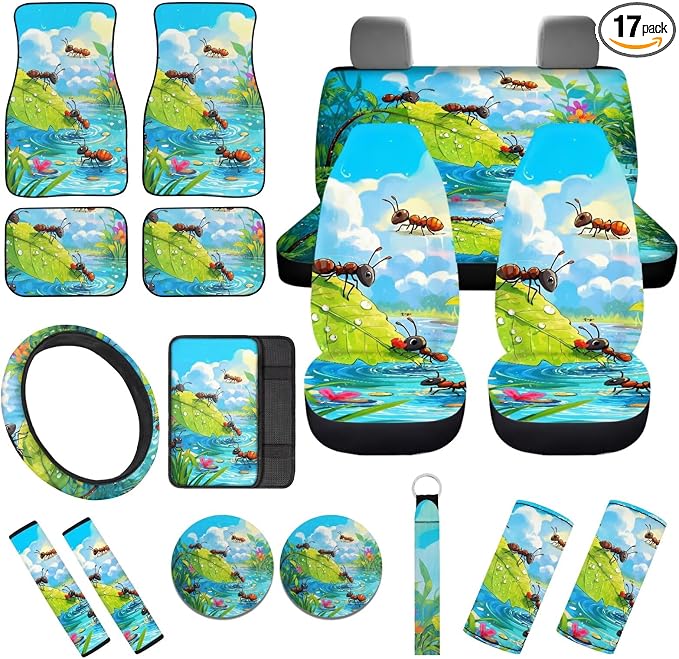 Cute Ant Print 17pcs Car Seat Covers Set Steering Cover Seat Belt Pad Carpet Floor Mat Pads Gift for Women Men 7