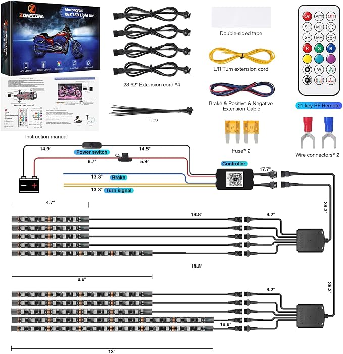 Chaser Dreamcolor Motorcycle LED Underglow Kit with/APP/RF Remote Brake Turn Signal,10PCS Chasing Motorcycles RGB+IC 12v Effect LED Strips Light Waterproof Multicolor for Harley Kawasaki