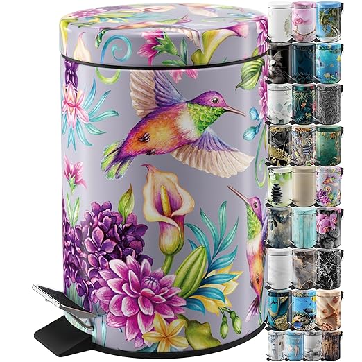 Sanilo Small Bathroom Trash Can with Lid [1.3 Gallon] - Lidded Tiny Trashcan for Garbage - Mini Metal Bin with Soft Closing Mechanism - Bath Room Accessoire Wastebin with Inner Bucket (Hummingbird)