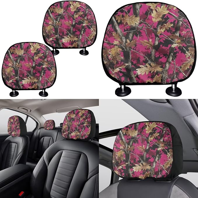 KEIAHUAN Pink Camo Hunting 11 Piece Car Seat Covers Full Set for Women Include Steering Wheel Cover Car Coasters Handbrake and Gear Shift Knob Cover/Headrest Cover for Sedan Truck Van