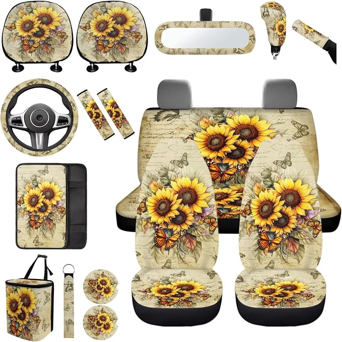 Sunflowers Car Seat Covers Full Set with Backseat Trash Can Steering Wheel Cover Retro Sunflowers Auto Aaccessories Sets Universal Car Seat Covers Full Set for Front and Rear,Universal Fit