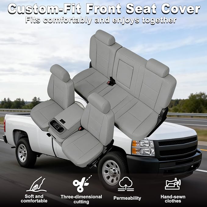 Seat Covers for Chevy Silverado & GMC Sierra 1500/2500HD 2007-2013 Heavy Duty Cloth Protector Interior Accessories，Waterproof & Machine Washable-Gray (Front & Rear)