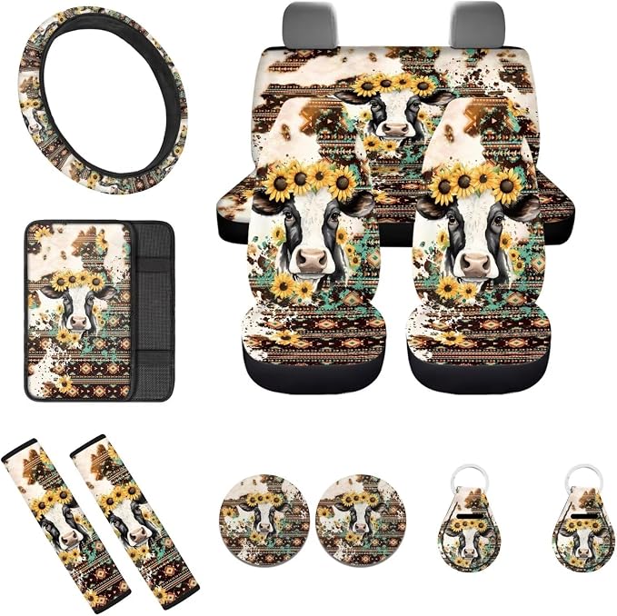 12pcs Cow Western Sunflower Auto Interior Set Cow Car Seat Cover+Coaster+ Keychain+Coaster+15 Inch Horse Auto Steering Wheel Cover+Seatbelt Pad for Men Women Car Decor Accessory