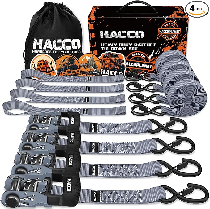 HACCOPLANET Ratchet Straps, 5280lb Break Strengeth, 1.6" Heavy Duty Ratchet Tie Down Strap Set w/Padded Handle, S Hook, Soft Loop for UTV Motorcycle Truck Cargo Straps (Grey, 8FT)
